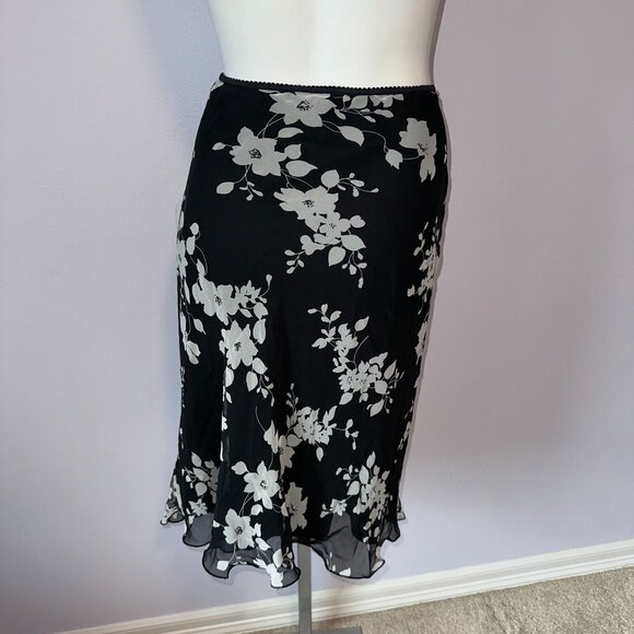 Vtg Y2k Black Chiffon White Floral Flowy Midi Skirt Ruffle Girly Size Large - Picture 3 of 3
